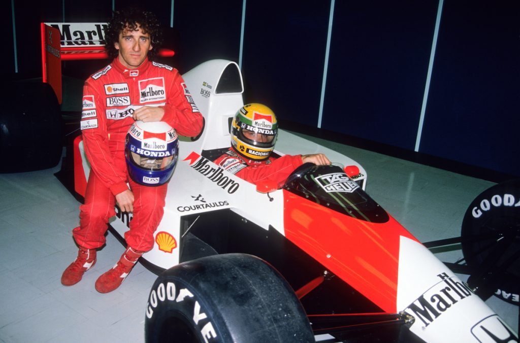 Ayrton Senna and Alain Prost with McLaren MP4/4 in 1988, marking the dominant season that shaped Formula 1 history.