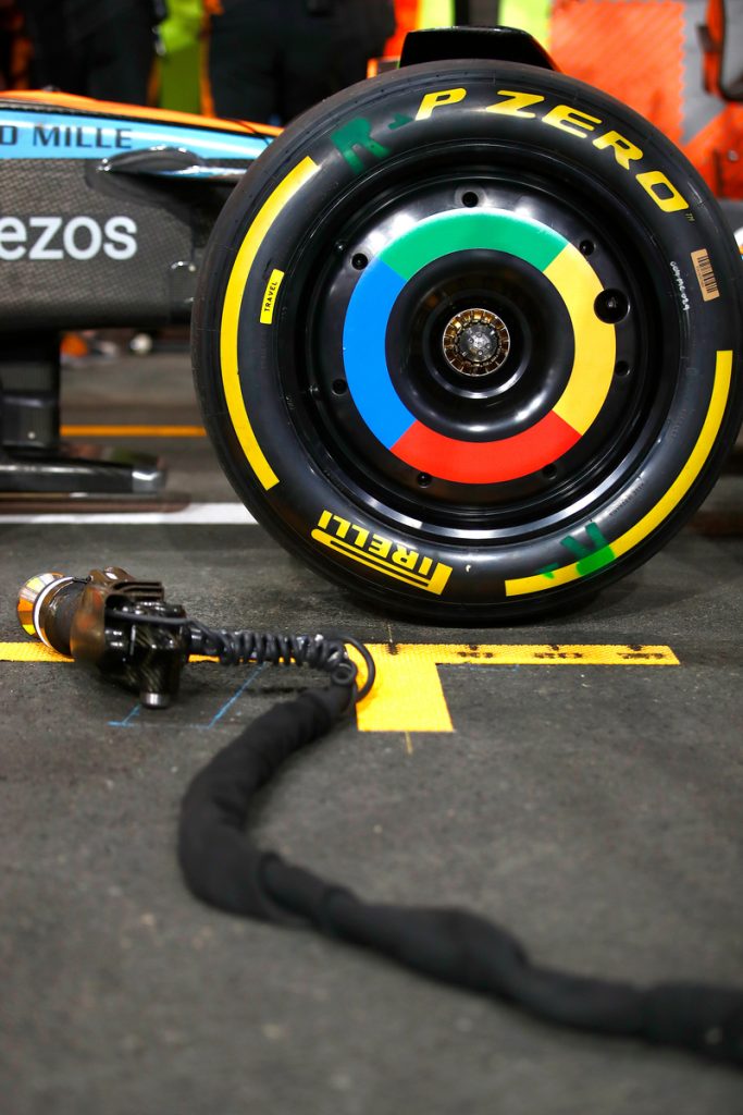 Pirelli tyre  with Google branding at McLaren car