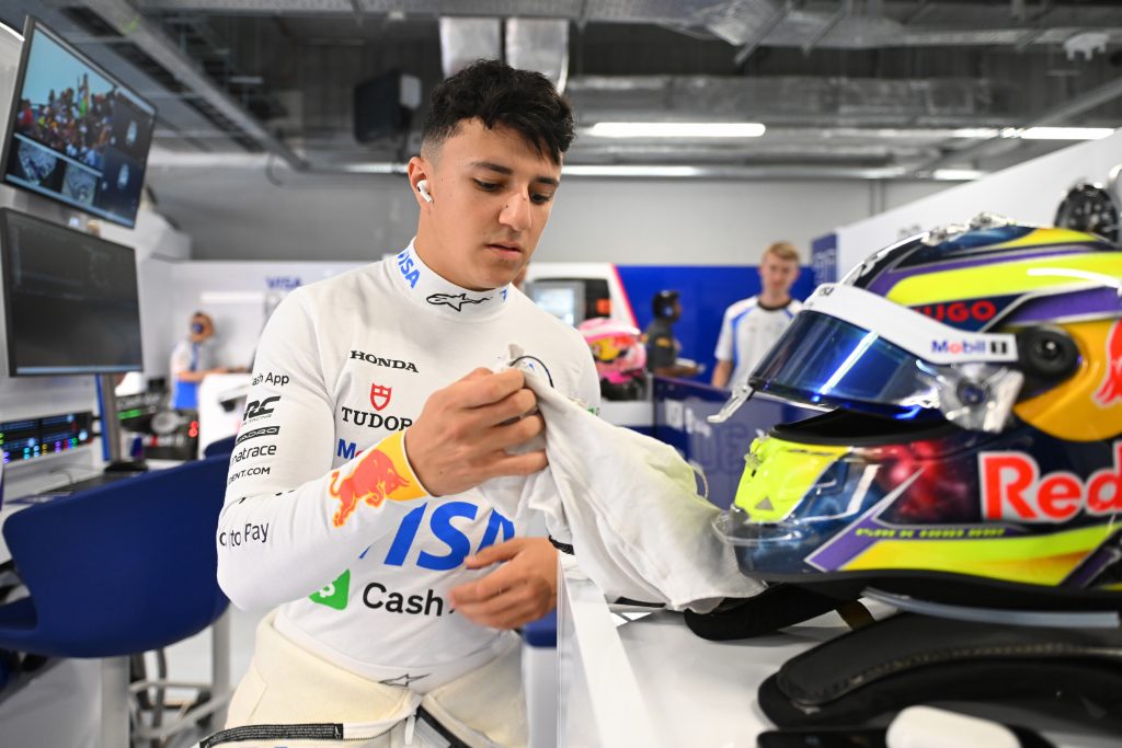 sack Hadjar of France and Visa Cash App Racing Bulls prepares to drive in the garage during practice ahead of the F1 Grand Prix of Hungary at Hungaroring on August 01, 2025 in Budapest, Hungary.