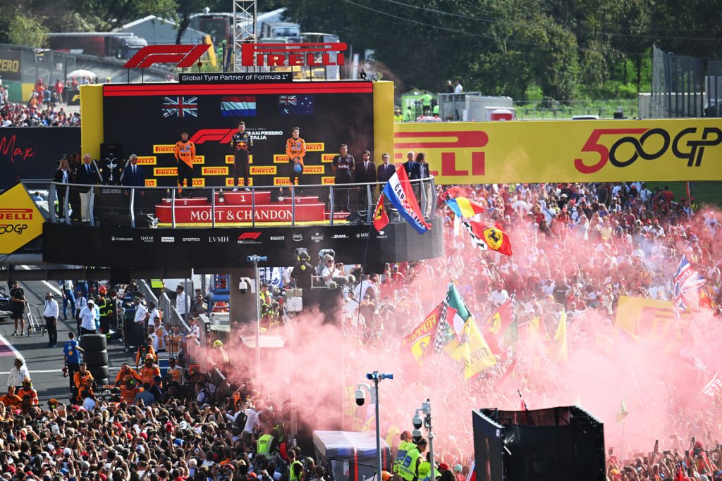 Race winner Max Verstappen of the Netherlands and Oracle Red Bull Racing Second placed Lando Norris of Great Britain and McLaren Third placed Oscar Piastri of Australia and McLaren and Pierre Wache, Technical Director of Oracle Red Bull Racing on the podium during the F1 Grand Prix of Italy at Autodromo Nazionale Monza