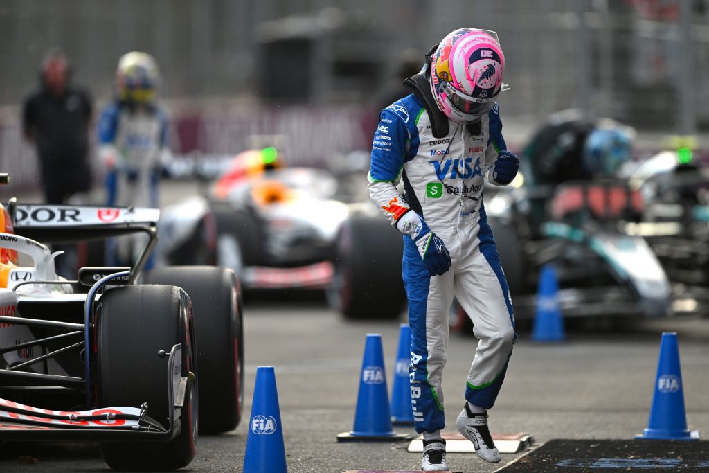 Third placed qualifier Liam Lawson of New Zealand and Visa Cash App Racing Bulls celebrates on arrival in parc ferme during qualifying ahead of the 2025 F1 Azerbaijan Grand Prix