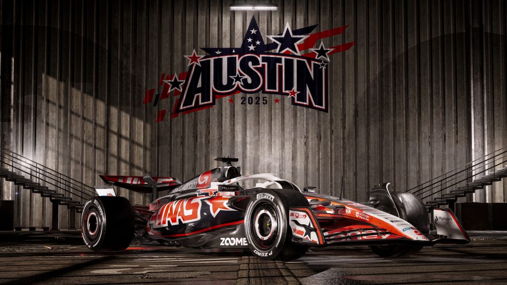United States GP 2025 - Haas VF-25 in stars-and-stripes special livery posed in a warehouse with ‘Austin 2025’ signage.
