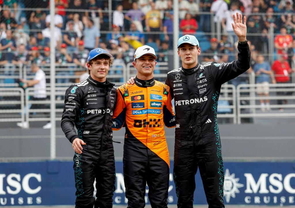 Parc-fermé photo: Norris between Antonelli and Russell after Sprint quali.