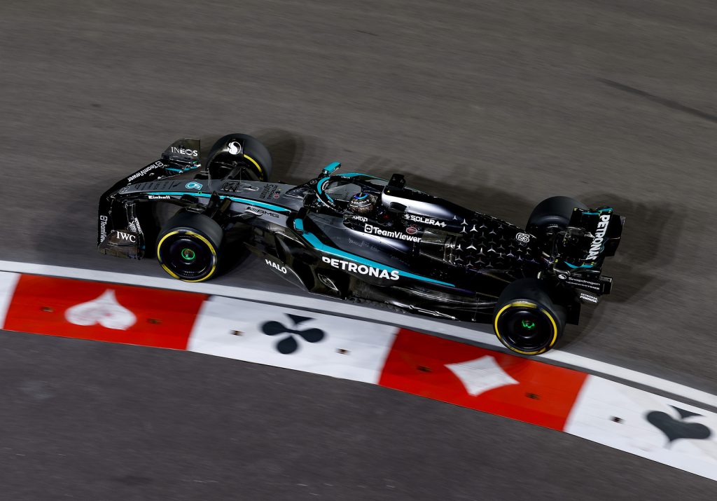 George Russell’s Mercedes rides the card-suit kerbs during the 2025 F1 Las Vegas Grand Prix