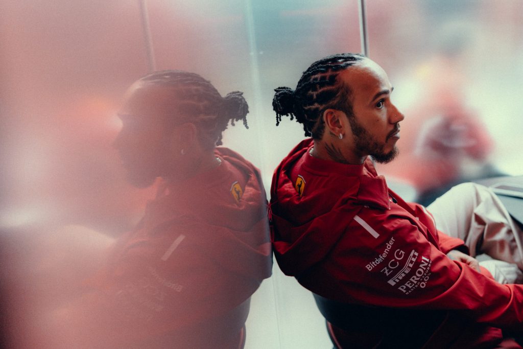 Lewis Hamilton in Ferrari red at Interlagos