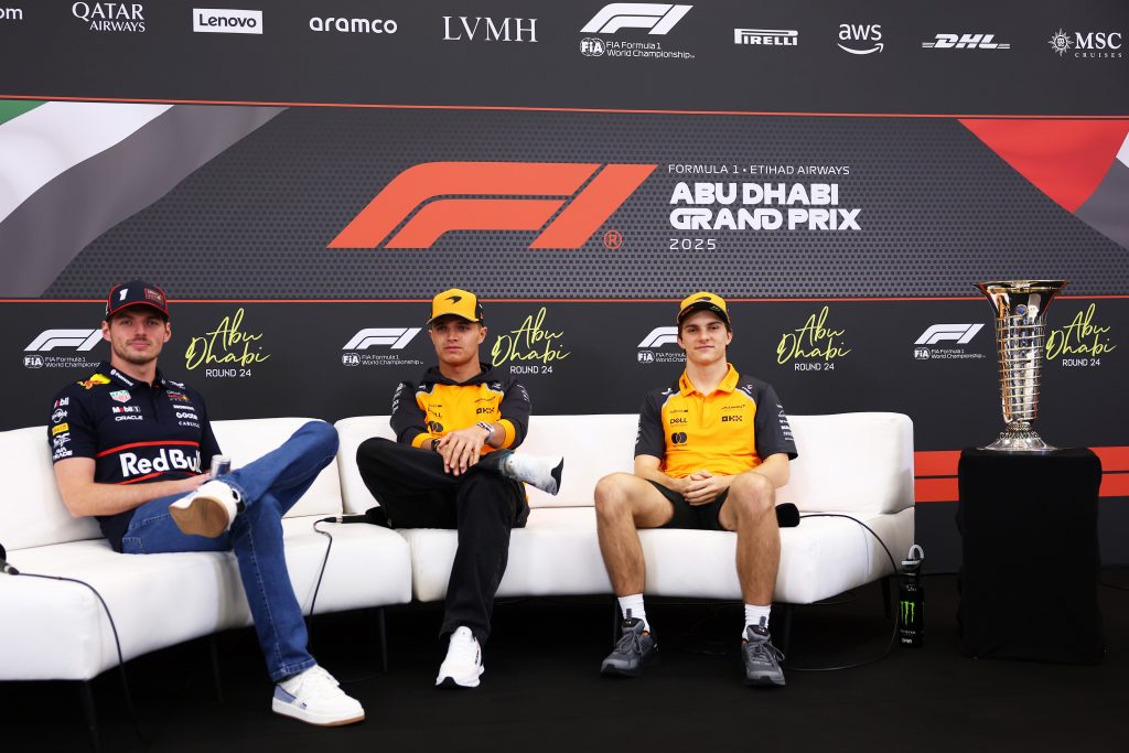 Max Verstappen, Lando Norris and Oscar Piastri attend press conference at Abu Dhabi GP 2025. 