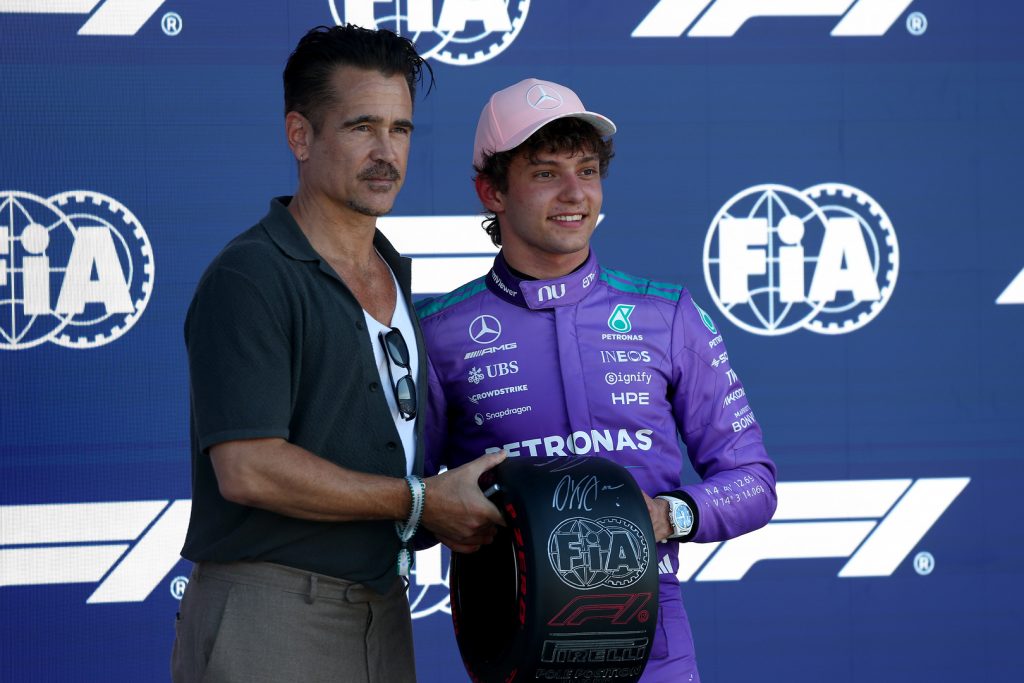Colin Farrell and Andrea Kimi Antonelli  with his Pirelli Pole Position award for 2026 Miami Grand Prix.