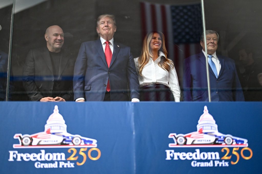 President Donald Trump and First Lady Melania Trump at the Freedom 250 Grand Prix. 
