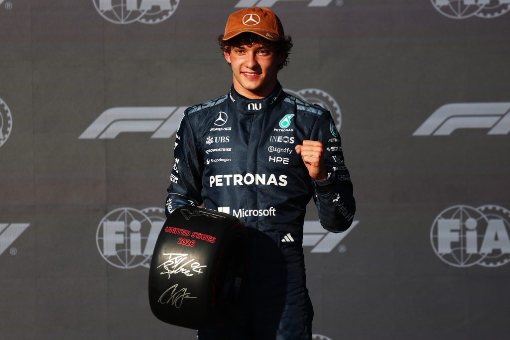 Pole position qualifier Andrea Kimi Antonelli celebrates with his Pirelli Pole Position award during qualifying ahead of the F1 Grand Prix of United States at Circuit of The Americas on October 24, 2026 in Austin, Texas.